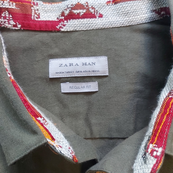 Zara Man Khaki Southwestern Pattern Button Up Long Sleeve Shirt, XL - Picture 6 of 9